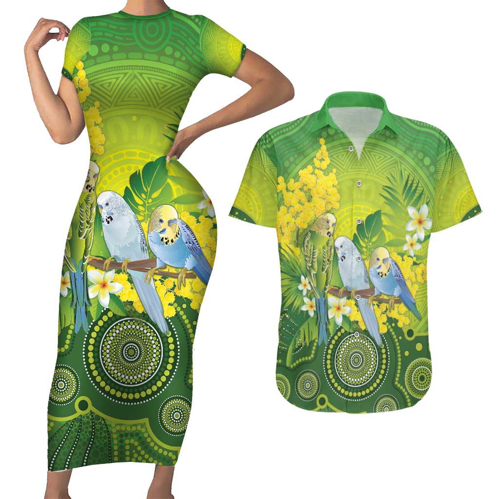 Personalised Budgerigar Australia and Golden Wattle Couples Matching Short Sleeve Bodycon Dress and Hawaiian Shirt Budgie Aboriginal Art