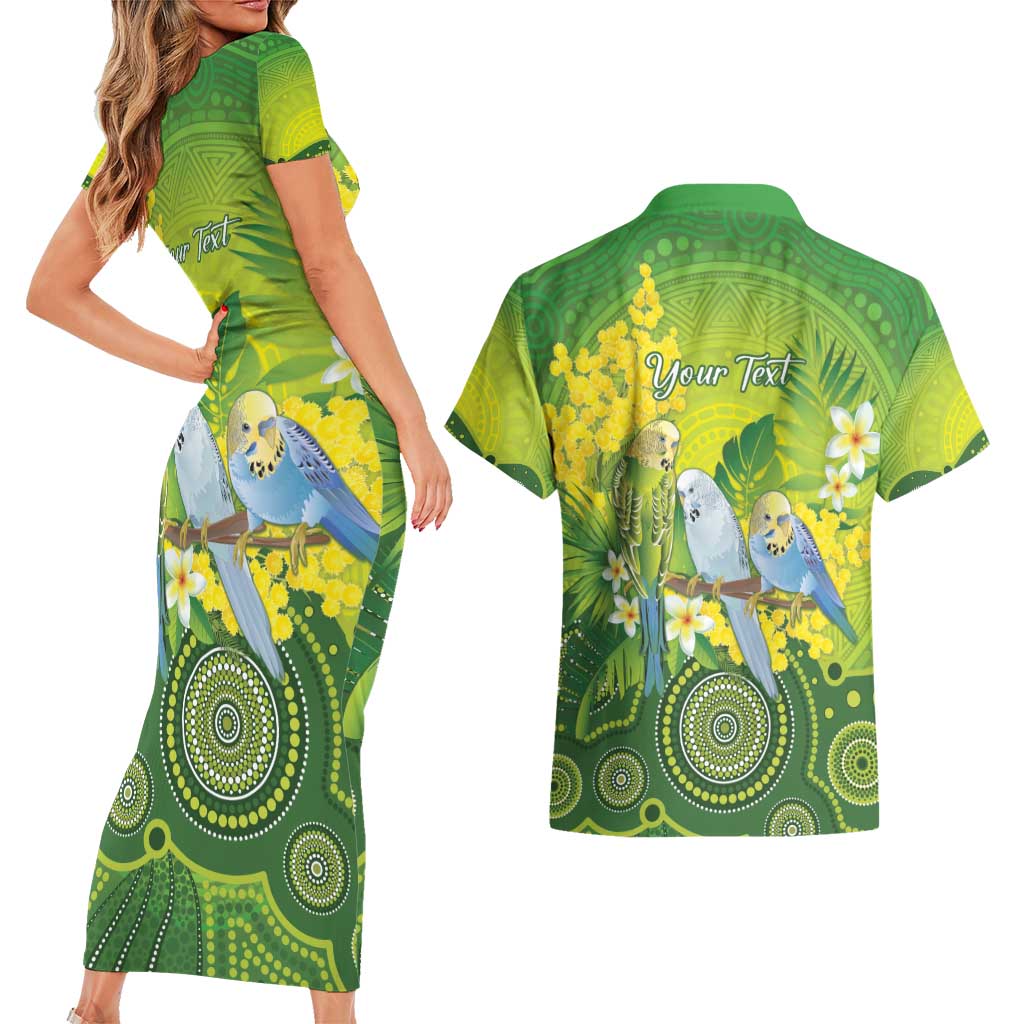 Personalised Budgerigar Australia and Golden Wattle Couples Matching Short Sleeve Bodycon Dress and Hawaiian Shirt Budgie Aboriginal Art