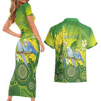 Personalised Budgerigar Australia and Golden Wattle Couples Matching Short Sleeve Bodycon Dress and Hawaiian Shirt Budgie Aboriginal Art