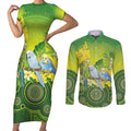 Personalised Budgerigar Australia and Golden Wattle Couples Matching Short Sleeve Bodycon Dress and Long Sleeve Button Shirt Budgie Aboriginal Art