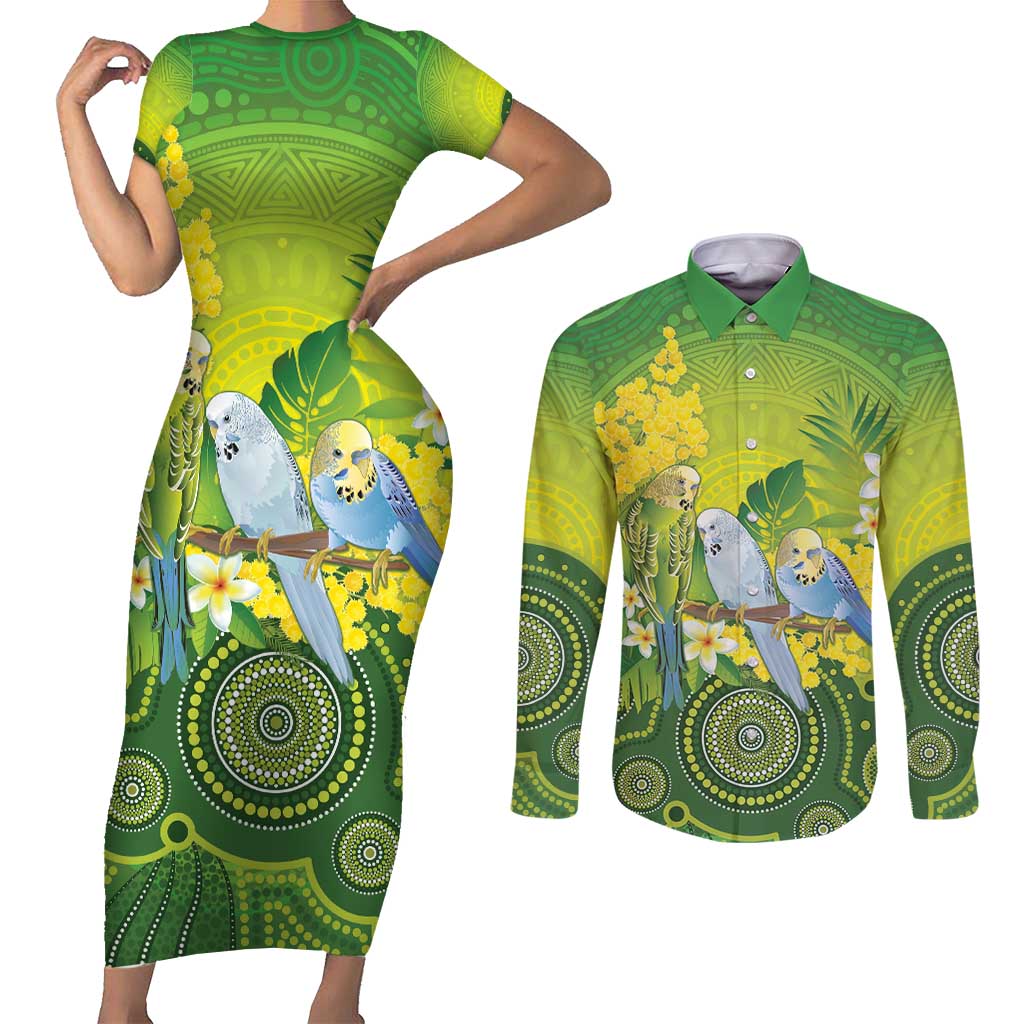 Personalised Budgerigar Australia and Golden Wattle Couples Matching Short Sleeve Bodycon Dress and Long Sleeve Button Shirt Budgie Aboriginal Art