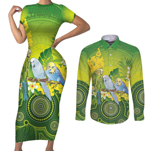 Personalised Budgerigar Australia and Golden Wattle Couples Matching Short Sleeve Bodycon Dress and Long Sleeve Button Shirt Budgie Aboriginal Art