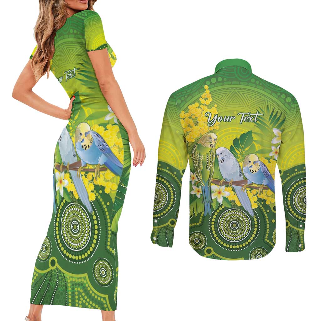 Personalised Budgerigar Australia and Golden Wattle Couples Matching Short Sleeve Bodycon Dress and Long Sleeve Button Shirt Budgie Aboriginal Art