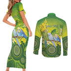 Personalised Budgerigar Australia and Golden Wattle Couples Matching Short Sleeve Bodycon Dress and Long Sleeve Button Shirt Budgie Aboriginal Art