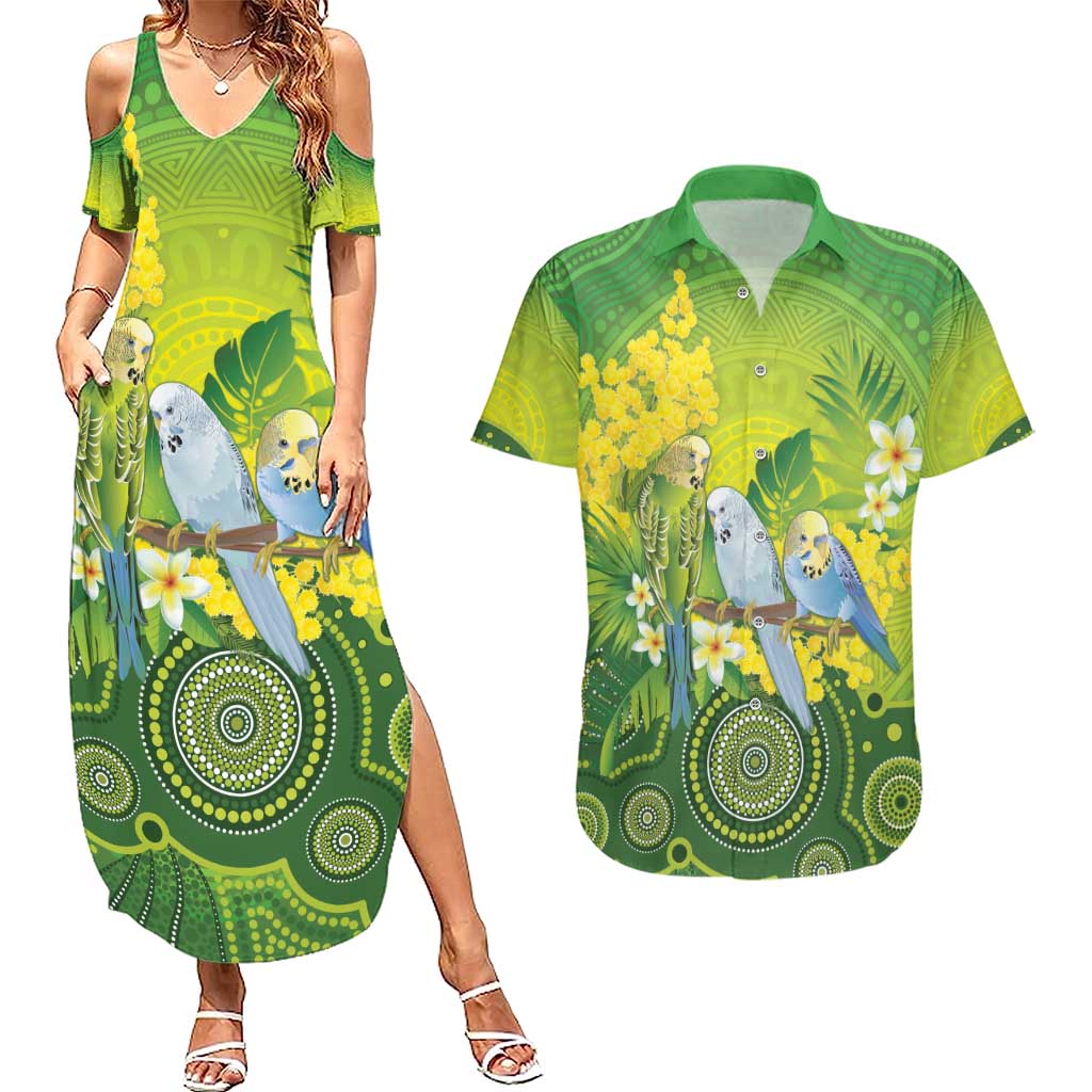 Personalised Budgerigar Australia and Golden Wattle Couples Matching Summer Maxi Dress and Hawaiian Shirt Budgie Aboriginal Art