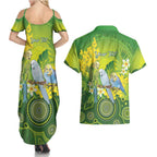 Personalised Budgerigar Australia and Golden Wattle Couples Matching Summer Maxi Dress and Hawaiian Shirt Budgie Aboriginal Art