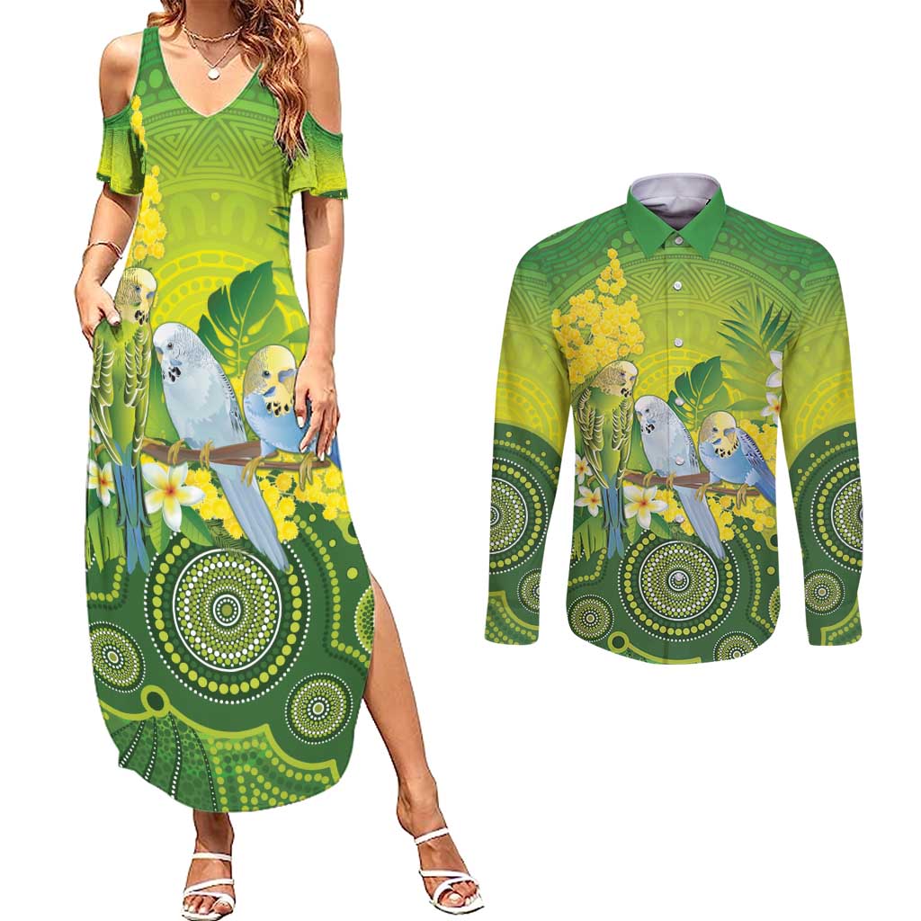 Personalised Budgerigar Australia and Golden Wattle Couples Matching Summer Maxi Dress and Long Sleeve Button Shirt Budgie Aboriginal Art