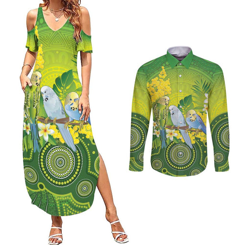 Personalised Budgerigar Australia and Golden Wattle Couples Matching Summer Maxi Dress and Long Sleeve Button Shirt Budgie Aboriginal Art