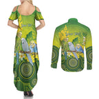 Personalised Budgerigar Australia and Golden Wattle Couples Matching Summer Maxi Dress and Long Sleeve Button Shirt Budgie Aboriginal Art