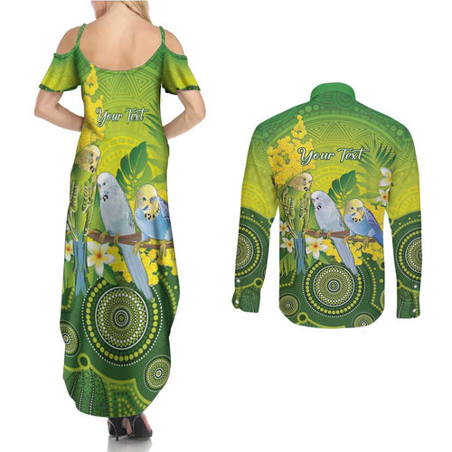 Personalised Budgerigar Australia and Golden Wattle Couples Matching Summer Maxi Dress and Long Sleeve Button Shirt Budgie Aboriginal Art
