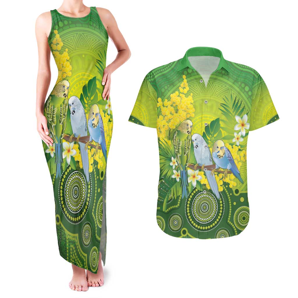 Personalised Budgerigar Australia and Golden Wattle Couples Matching Tank Maxi Dress and Hawaiian Shirt Budgie Aboriginal Art