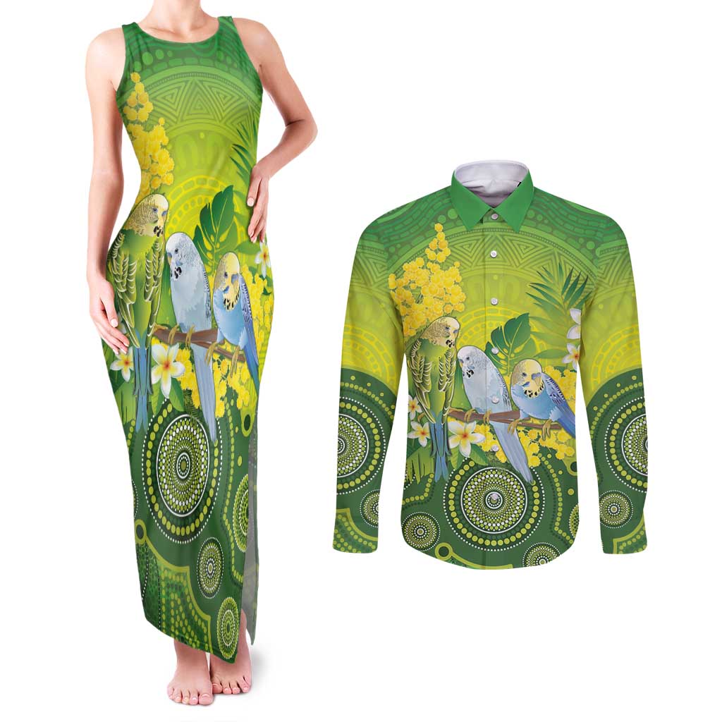 Personalised Budgerigar Australia and Golden Wattle Couples Matching Tank Maxi Dress and Long Sleeve Button Shirt Budgie Aboriginal Art