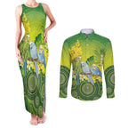 Personalised Budgerigar Australia and Golden Wattle Couples Matching Tank Maxi Dress and Long Sleeve Button Shirt Budgie Aboriginal Art