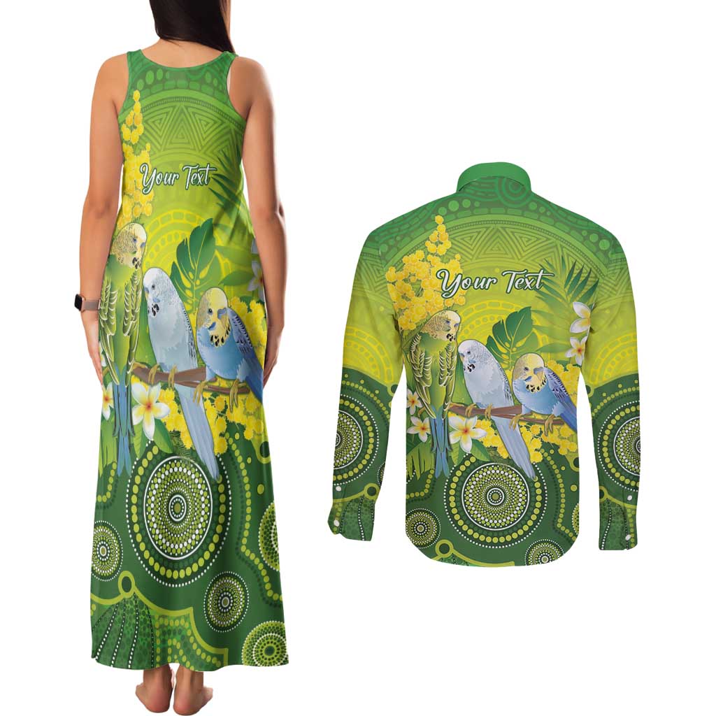 Personalised Budgerigar Australia and Golden Wattle Couples Matching Tank Maxi Dress and Long Sleeve Button Shirt Budgie Aboriginal Art