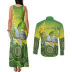 Personalised Budgerigar Australia and Golden Wattle Couples Matching Tank Maxi Dress and Long Sleeve Button Shirt Budgie Aboriginal Art
