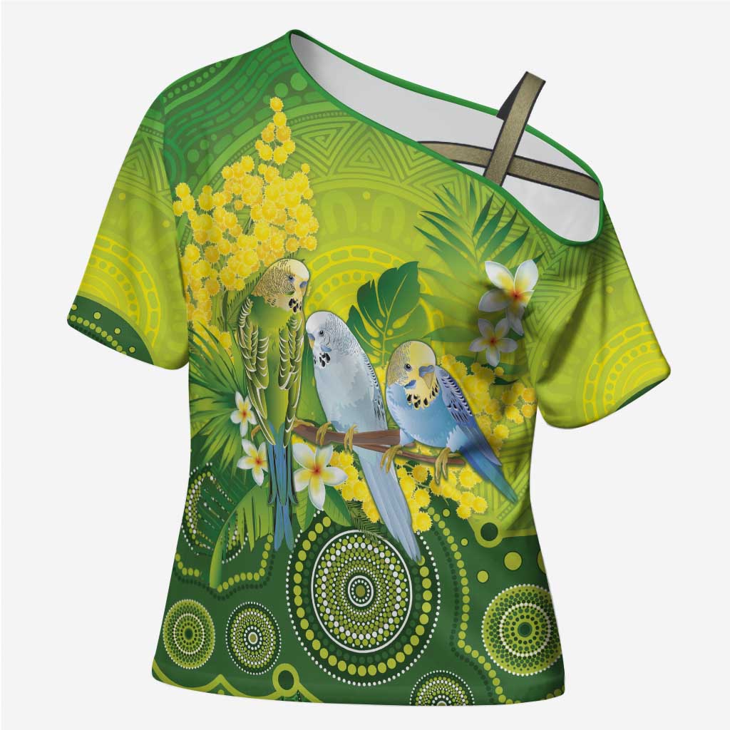 Personalised Budgerigar Australia and Golden Wattle Cross Shoulder Shirt Budgie Aboriginal Art - Aussie Hoodie