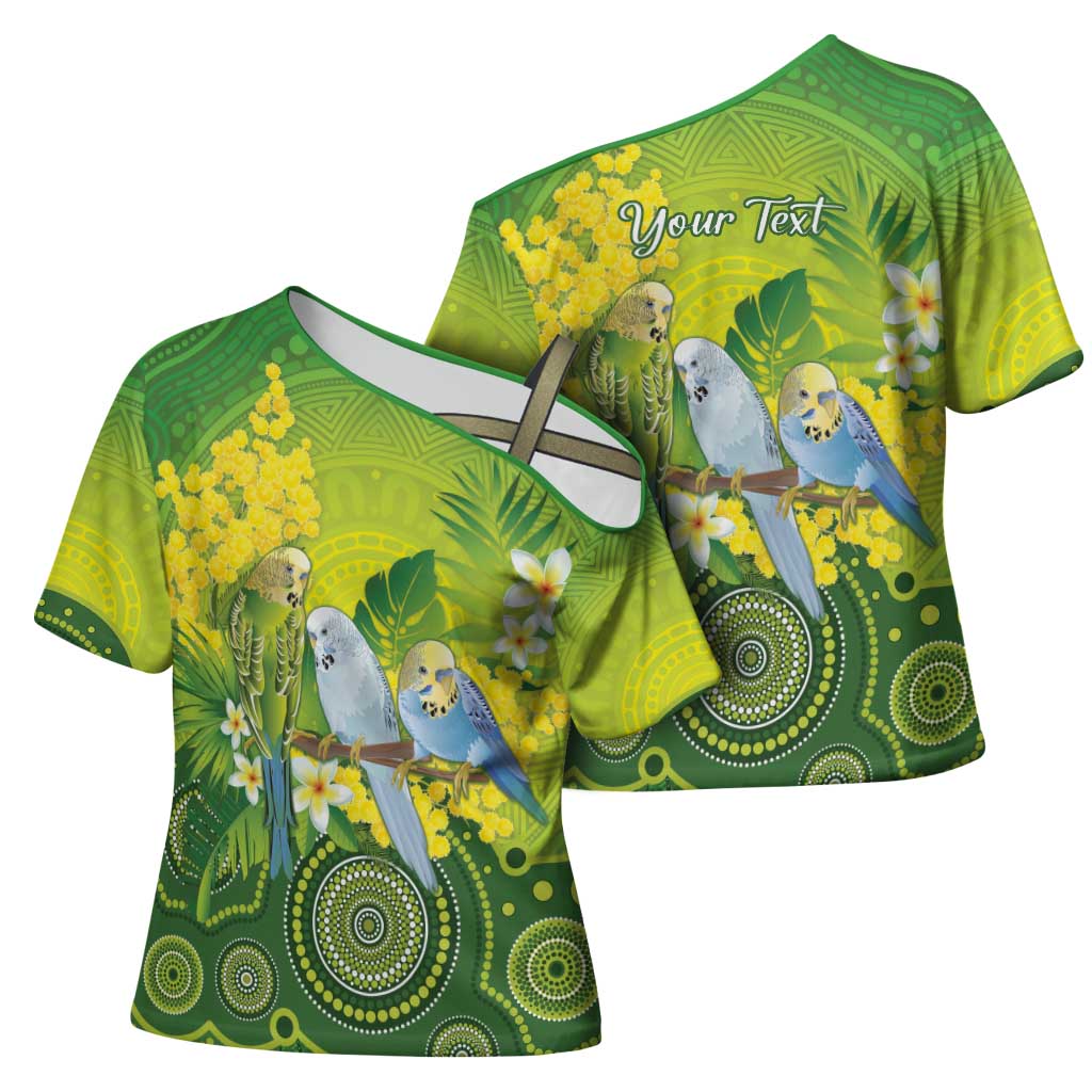 Personalised Budgerigar Australia and Golden Wattle Cross Shoulder Shirt Budgie Aboriginal Art - Aussie Hoodie