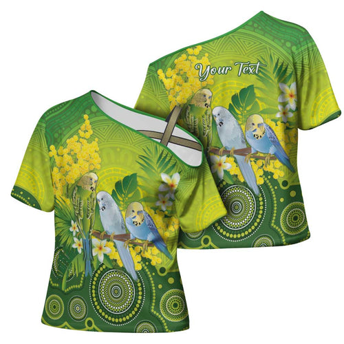Personalised Budgerigar Australia and Golden Wattle Cross Shoulder Shirt Budgie Aboriginal Art - Aussie Hoodie