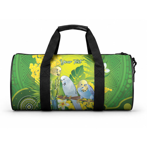 Personalised Budgerigar Australia and Golden Wattle Duffle Bag Budgie Aboriginal Art
