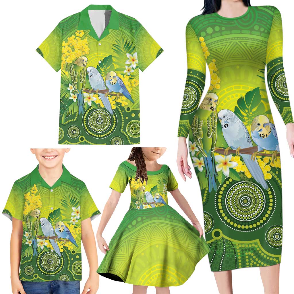 Personalised Budgerigar Australia and Golden Wattle Family Matching Long Sleeve Bodycon Dress and Hawaiian Shirt Budgie Aboriginal Art