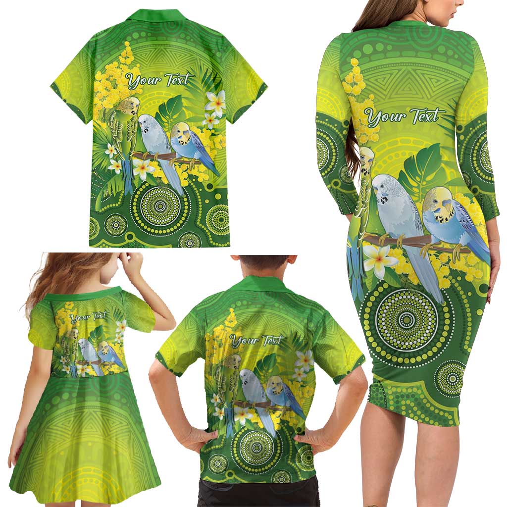 Personalised Budgerigar Australia and Golden Wattle Family Matching Long Sleeve Bodycon Dress and Hawaiian Shirt Budgie Aboriginal Art