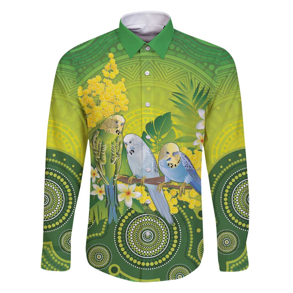 Personalised Budgerigar Australia and Golden Wattle Family Matching Long Sleeve Bodycon Dress and Hawaiian Shirt Budgie Aboriginal Art
