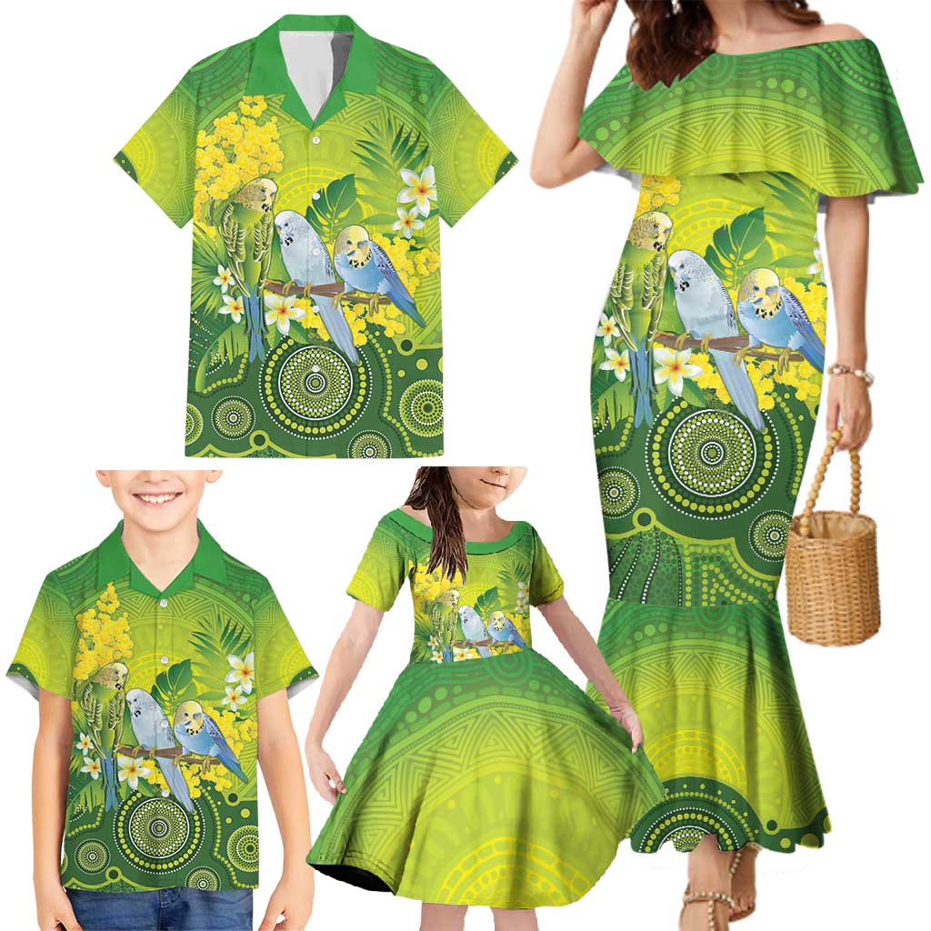 Personalised Budgerigar Australia and Golden Wattle Family Matching Mermaid Dress and Hawaiian Shirt Budgie Aboriginal Art