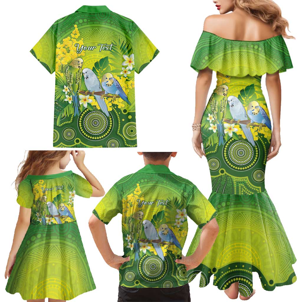 Personalised Budgerigar Australia and Golden Wattle Family Matching Mermaid Dress and Hawaiian Shirt Budgie Aboriginal Art