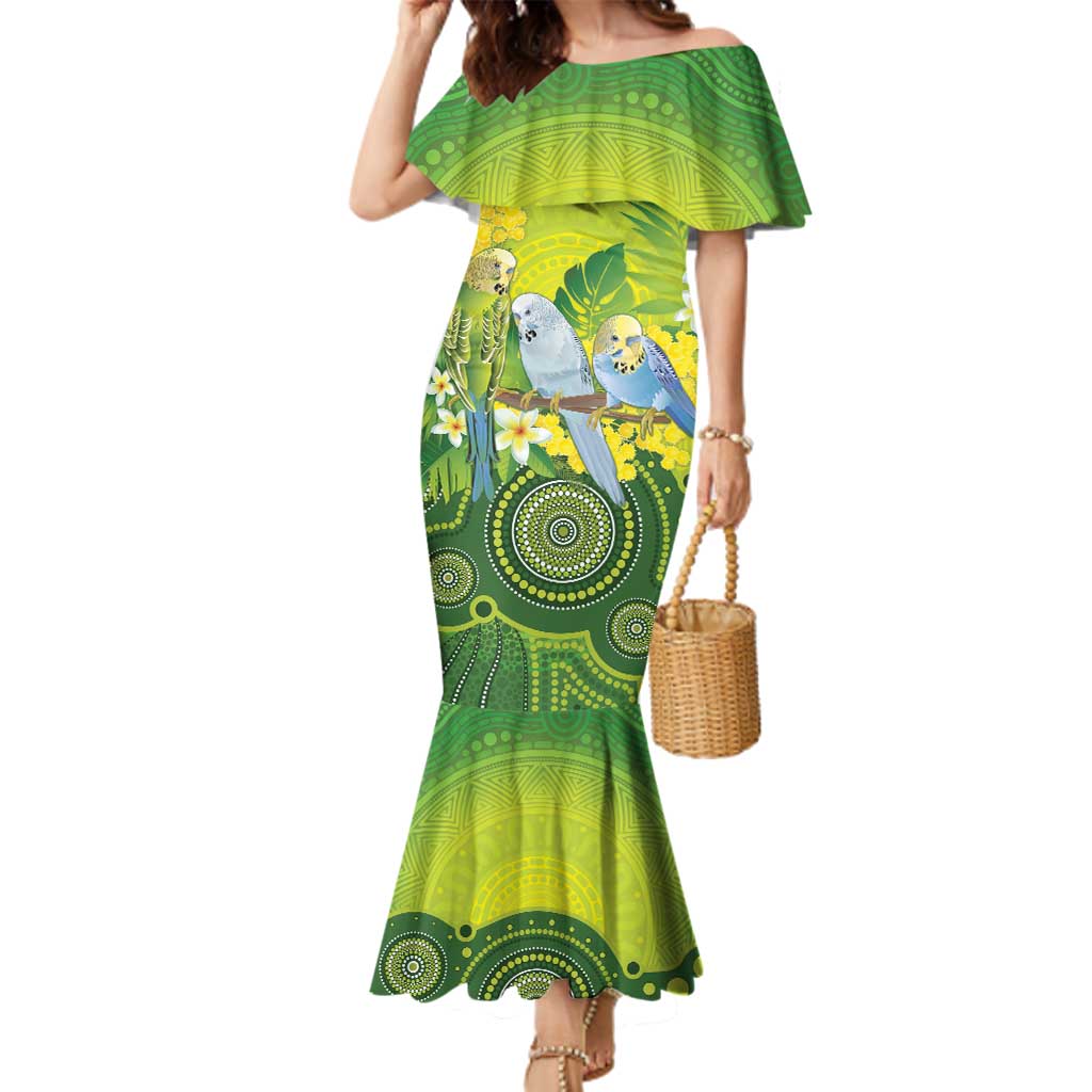 Personalised Budgerigar Australia and Golden Wattle Family Matching Mermaid Dress and Hawaiian Shirt Budgie Aboriginal Art