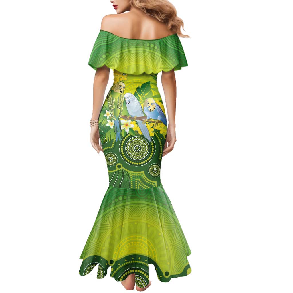 Personalised Budgerigar Australia and Golden Wattle Family Matching Mermaid Dress and Hawaiian Shirt Budgie Aboriginal Art