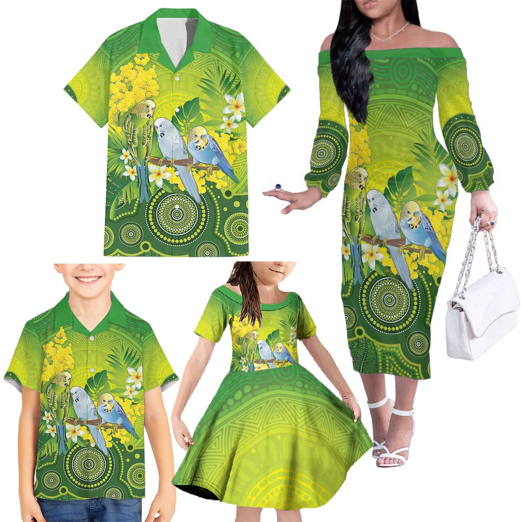 Personalised Budgerigar Australia and Golden Wattle Family Matching Off The Shoulder Long Sleeve Dress and Hawaiian Shirt Budgie Aboriginal Art
