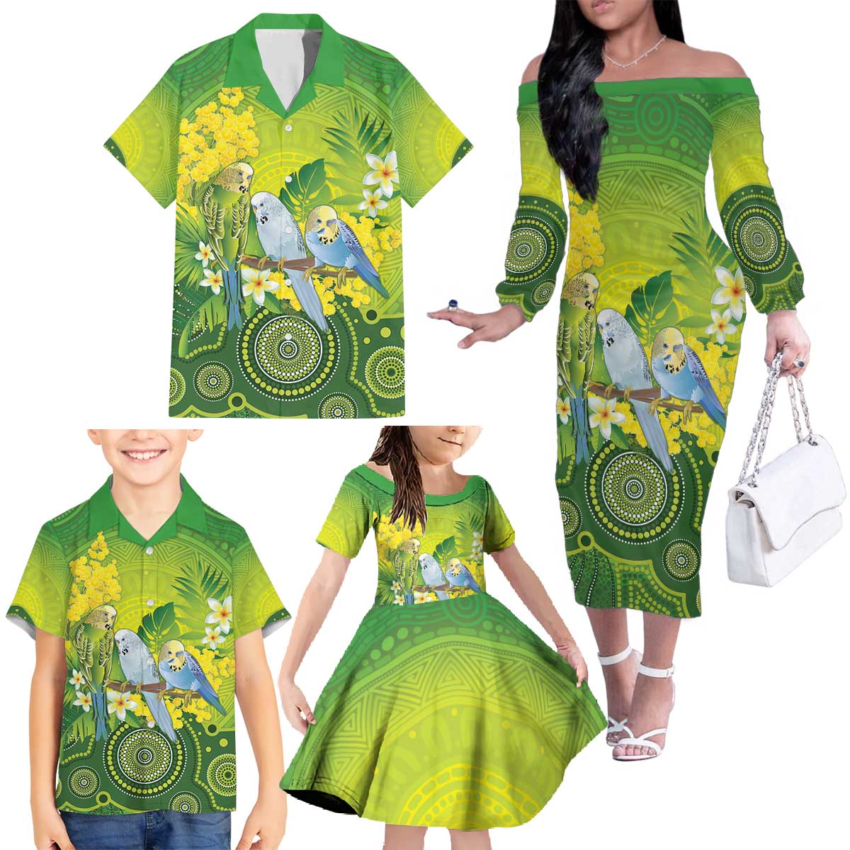 Personalised Budgerigar Australia and Golden Wattle Family Matching Off The Shoulder Long Sleeve Dress and Hawaiian Shirt Budgie Aboriginal Art