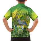 Personalised Budgerigar Australia and Golden Wattle Family Matching Off The Shoulder Long Sleeve Dress and Hawaiian Shirt Budgie Aboriginal Art