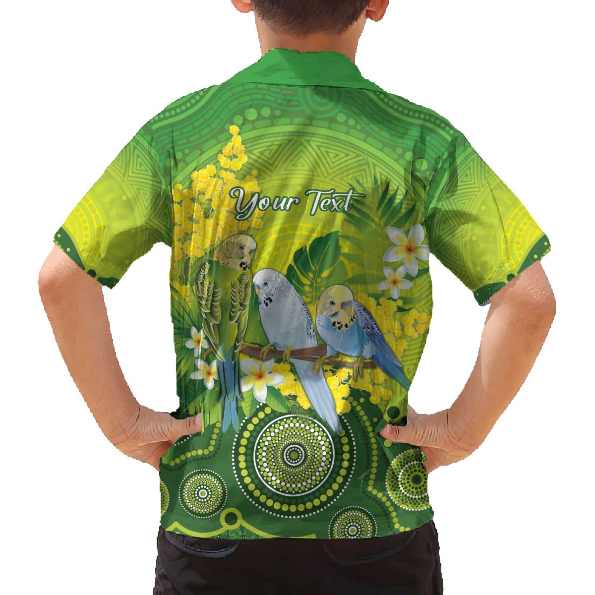 Personalised Budgerigar Australia and Golden Wattle Family Matching Off The Shoulder Long Sleeve Dress and Hawaiian Shirt Budgie Aboriginal Art