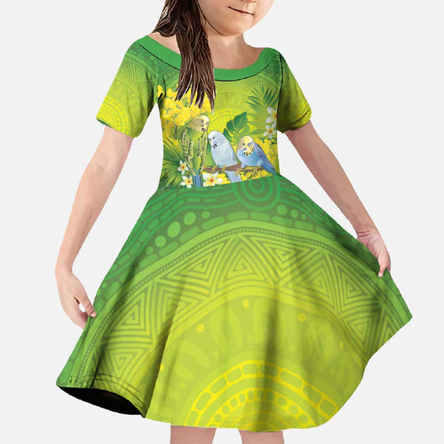 Personalised Budgerigar Australia and Golden Wattle Family Matching Off The Shoulder Long Sleeve Dress and Hawaiian Shirt Budgie Aboriginal Art