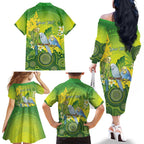 Personalised Budgerigar Australia and Golden Wattle Family Matching Off The Shoulder Long Sleeve Dress and Hawaiian Shirt Budgie Aboriginal Art