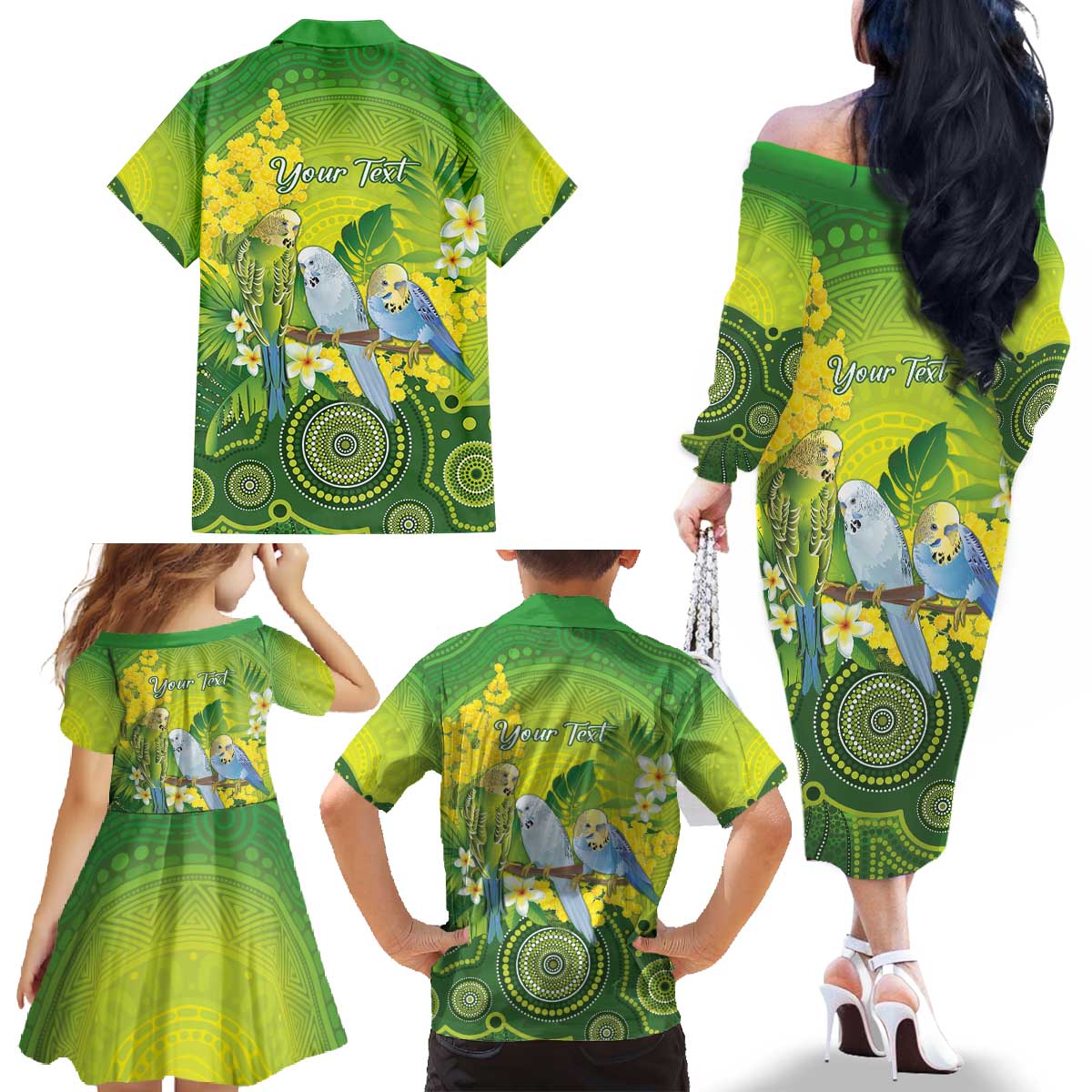Personalised Budgerigar Australia and Golden Wattle Family Matching Off The Shoulder Long Sleeve Dress and Hawaiian Shirt Budgie Aboriginal Art