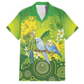 Personalised Budgerigar Australia and Golden Wattle Family Matching Off The Shoulder Long Sleeve Dress and Hawaiian Shirt Budgie Aboriginal Art