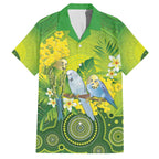 Personalised Budgerigar Australia and Golden Wattle Family Matching Off The Shoulder Long Sleeve Dress and Hawaiian Shirt Budgie Aboriginal Art