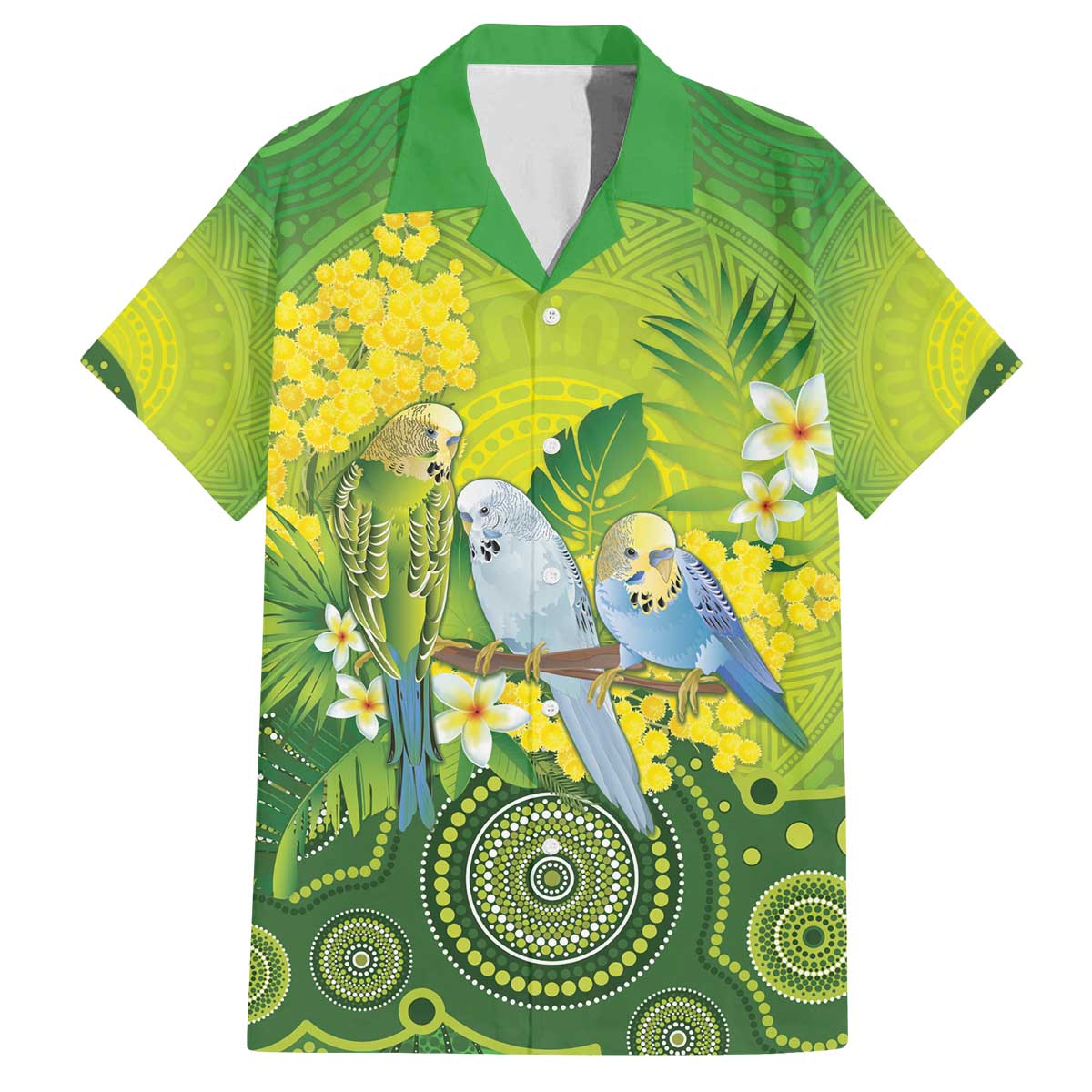 Personalised Budgerigar Australia and Golden Wattle Family Matching Off The Shoulder Long Sleeve Dress and Hawaiian Shirt Budgie Aboriginal Art