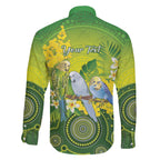 Personalised Budgerigar Australia and Golden Wattle Family Matching Off The Shoulder Long Sleeve Dress and Hawaiian Shirt Budgie Aboriginal Art