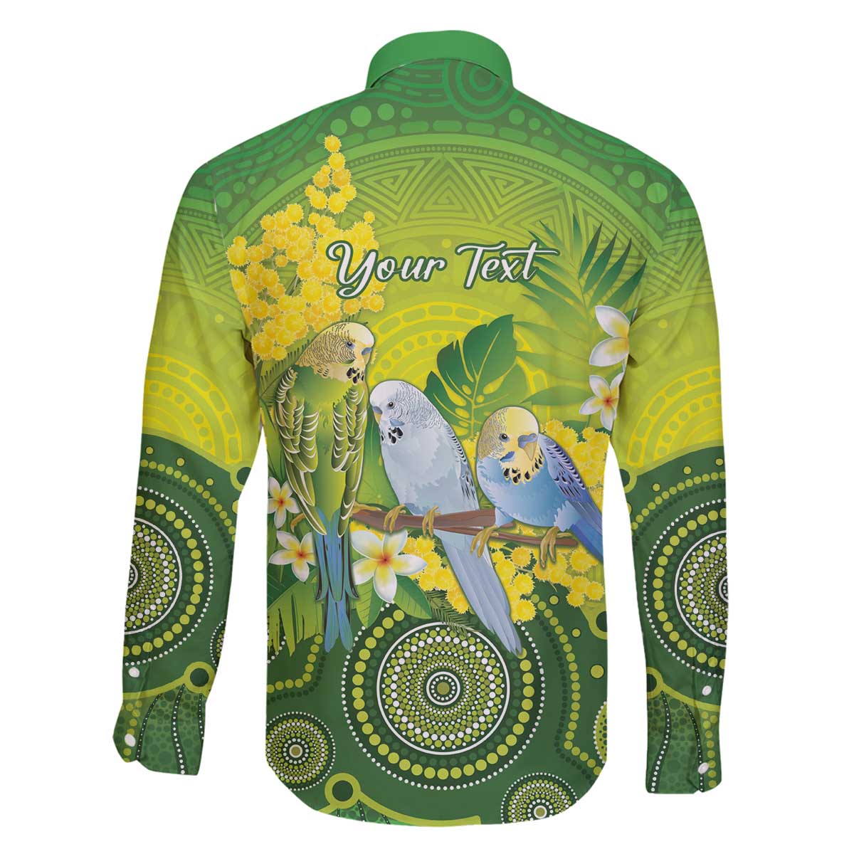 Personalised Budgerigar Australia and Golden Wattle Family Matching Off The Shoulder Long Sleeve Dress and Hawaiian Shirt Budgie Aboriginal Art