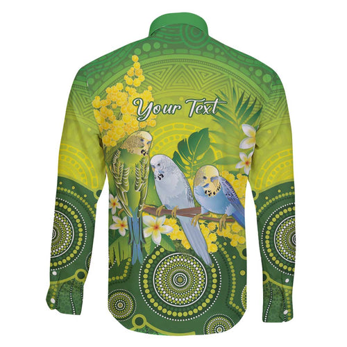 Personalised Budgerigar Australia and Golden Wattle Family Matching Off The Shoulder Long Sleeve Dress and Hawaiian Shirt Budgie Aboriginal Art