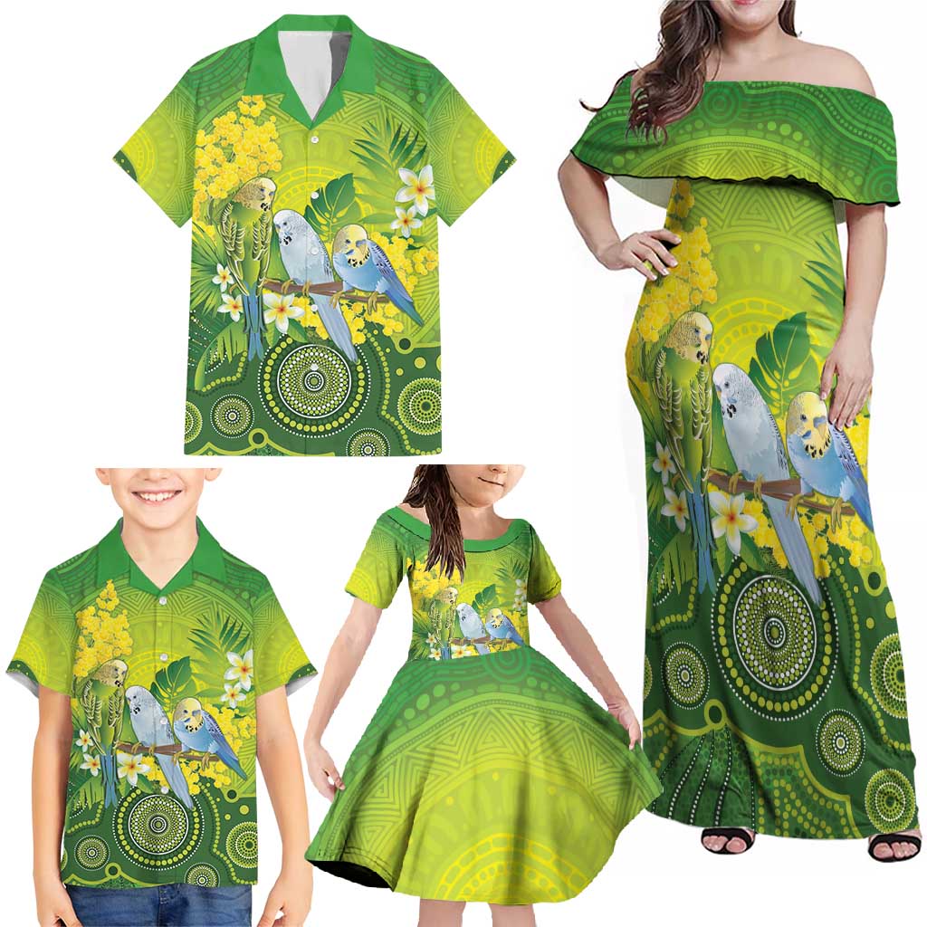 Personalised Budgerigar Australia and Golden Wattle Family Matching Off Shoulder Maxi Dress and Hawaiian Shirt Budgie Aboriginal Art