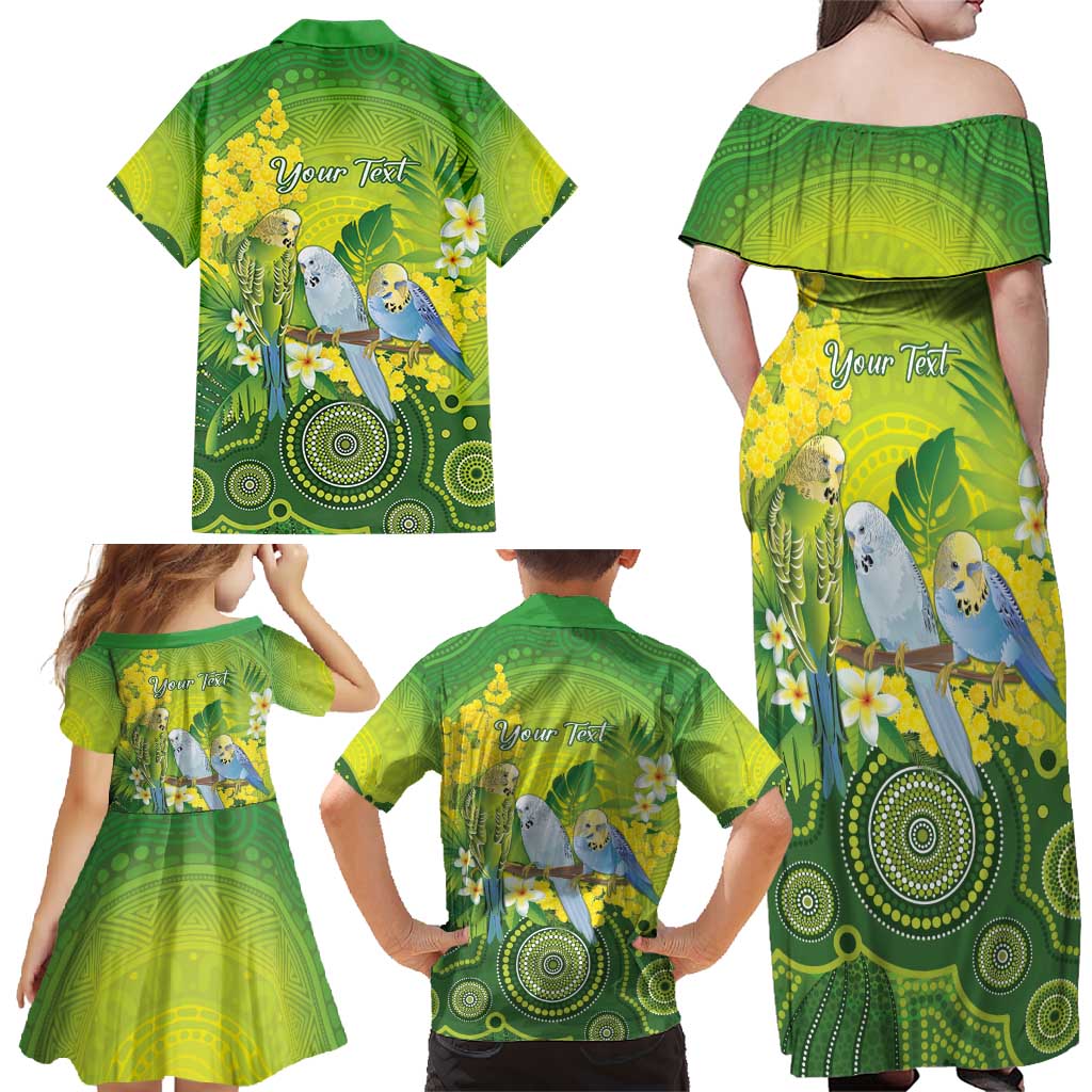 Personalised Budgerigar Australia and Golden Wattle Family Matching Off Shoulder Maxi Dress and Hawaiian Shirt Budgie Aboriginal Art