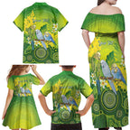 Personalised Budgerigar Australia and Golden Wattle Family Matching Off Shoulder Maxi Dress and Hawaiian Shirt Budgie Aboriginal Art