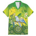 Personalised Budgerigar Australia and Golden Wattle Family Matching Off Shoulder Maxi Dress and Hawaiian Shirt Budgie Aboriginal Art