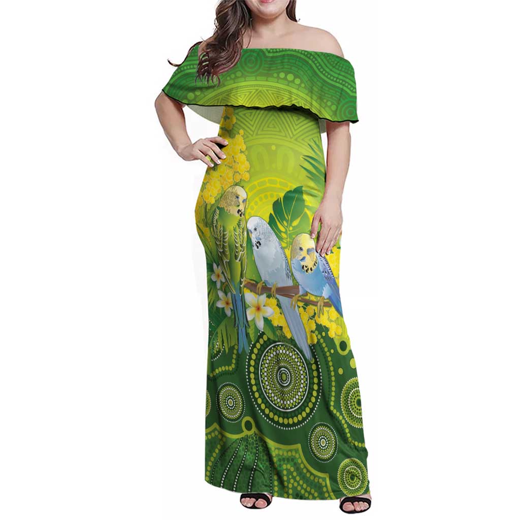 Personalised Budgerigar Australia and Golden Wattle Family Matching Off Shoulder Maxi Dress and Hawaiian Shirt Budgie Aboriginal Art