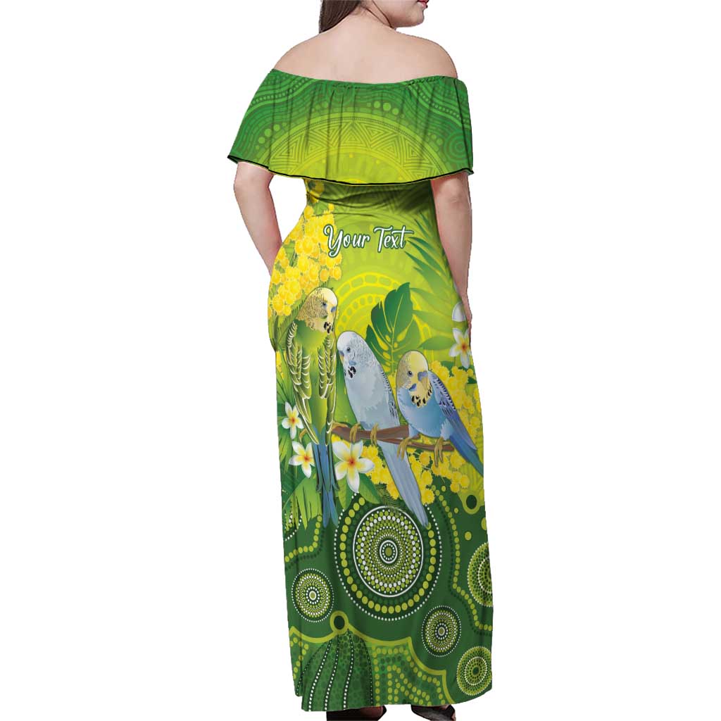 Personalised Budgerigar Australia and Golden Wattle Family Matching Off Shoulder Maxi Dress and Hawaiian Shirt Budgie Aboriginal Art