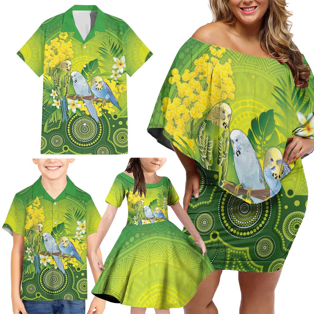 Personalised Budgerigar Australia and Golden Wattle Family Matching Off Shoulder Short Dress and Hawaiian Shirt Budgie Aboriginal Art